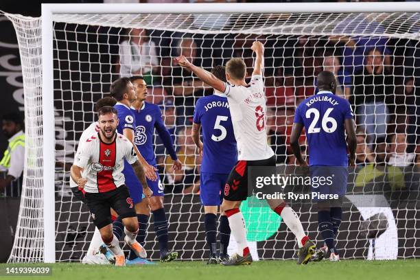 Adam Armstrong of Southampton celebrates after scoring their team's second goal during the Premier League match between Southampton FC and Chelsea FC...