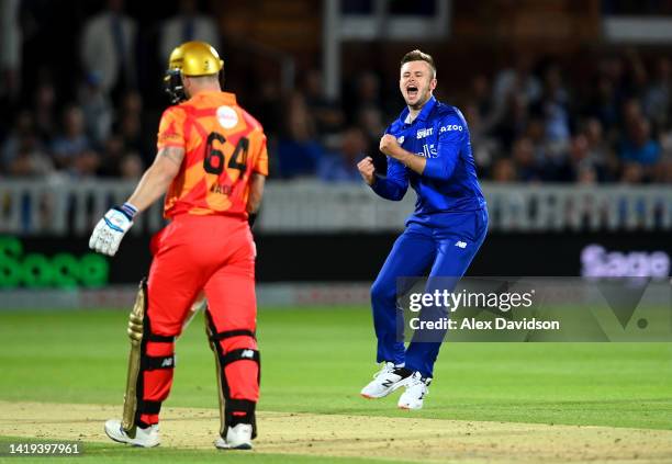 Mason Crane of London Spirit celebrates taking the wicket of Matthew Wade of Birmingham Phoenix during the Hundred match between London Spirit Men...