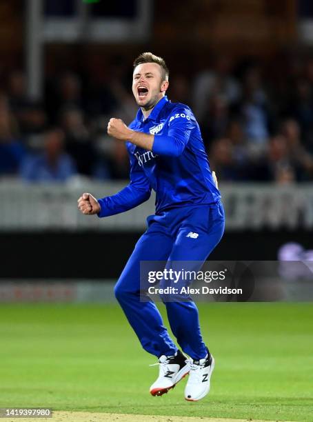 Mason Crane of London Spirit celebrates taking the wicket of Matthew Wade of Birmingham Phoenix during the Hundred match between London Spirit Men...