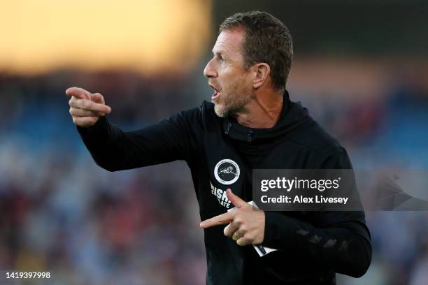 Gary Rowett, Manager of Millwall reacts during the Sky Bet Championship between Burnley and Millwall at Turf Moor on August 30, 2022 in Burnley,...
