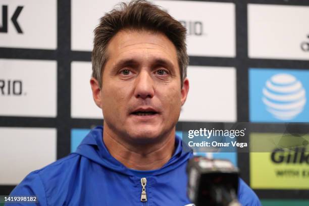 Head coach of Paraguay Guillermo Barros Schelotto speaks during a press conference ahead of a match between Mexico and Paraguay at Mercedes-Benz...