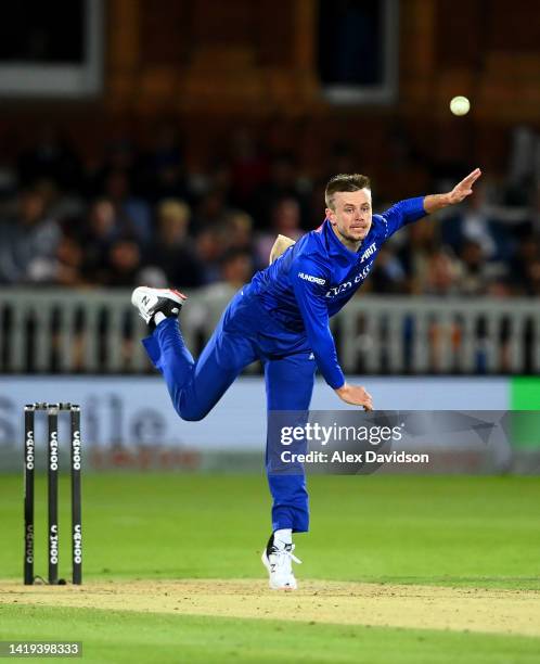 Mason Crane of London Spirit bowls during the Hundred match between London Spirit Men and Birmingham Phoenix Men at Lord's Cricket Ground on August...