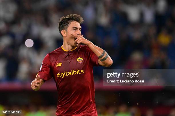 Roma player Paulo Dybala celebrates during the match the Serie A match between AS Roma and AC Monza at Stadio Olimpico on August 30, 2022 in Rome,...