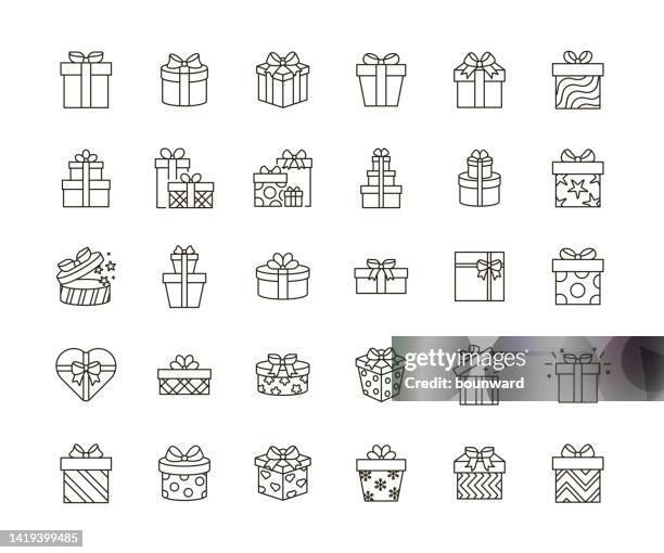 illustrazioni stock, clip art, cartoni animati e icone di tendenza di icone a linee sottili della confezione regalo. tratto modificabile. - gift