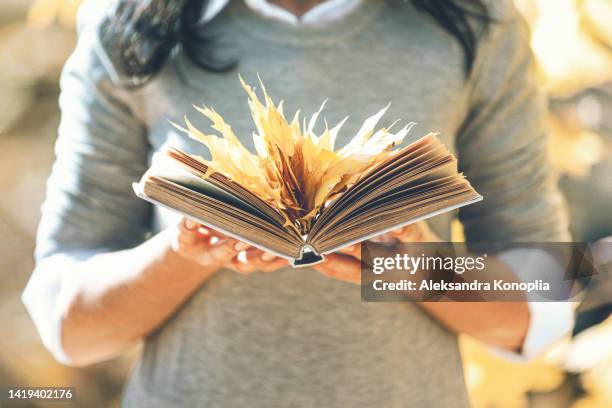 woman holding book with yellow autumn maple leaves between pages - hello october stock pictures, royalty-free photos & images