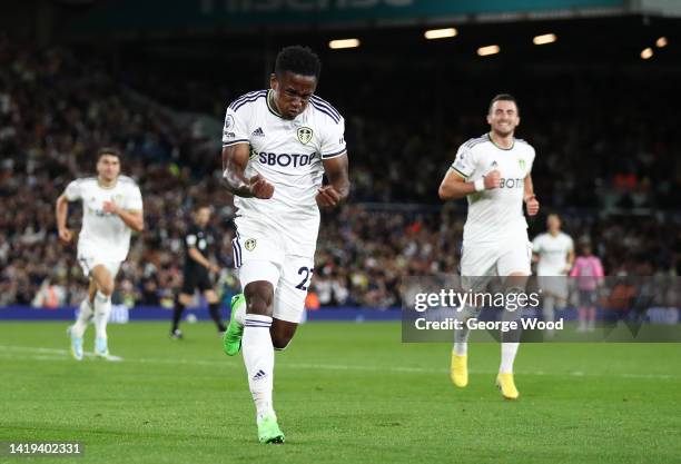 Luis Sinisterra of Leeds United celebrates after scoring their team's first goal during the Premier League match between Leeds United and Everton FC...