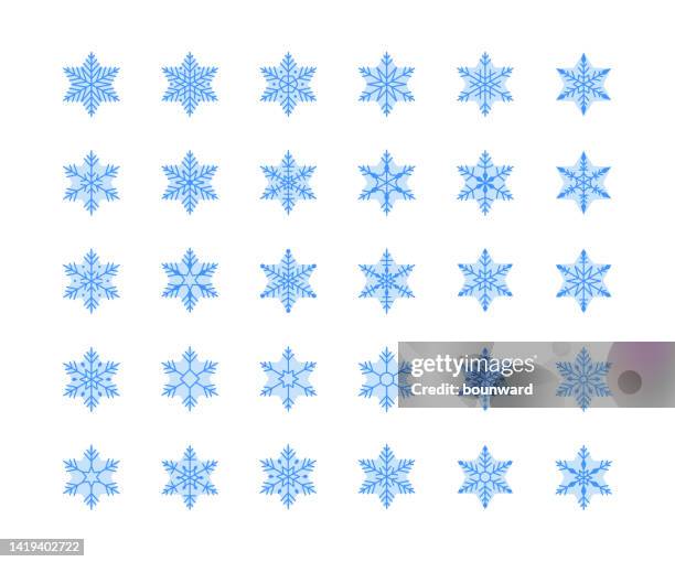 blue snowflake flat line icon set. - shivering stock illustrations