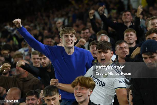 Leeds United fans react during the Premier League match between Leeds United and Everton FC at Elland Road on August 30, 2022 in Leeds, England.