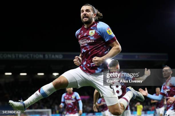 Jay Rodriguez of Burnley celebrates after scoring their team's second goal during the Sky Bet Championship between Burnley and Millwall at Turf Moor...