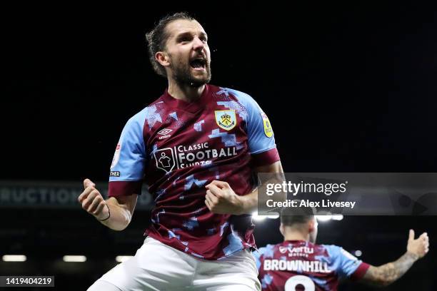 Jay Rodriguez of Burnley celebrates after scoring their team's second goal during the Sky Bet Championship between Burnley and Millwall at Turf Moor...