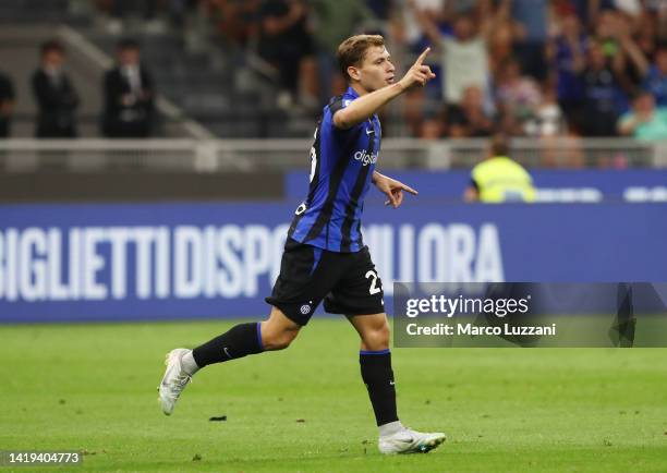 Nicolo Barella of FC Internazionale celebrates after scoring their team's second goal during the Serie A match between FC Internazionale and US...