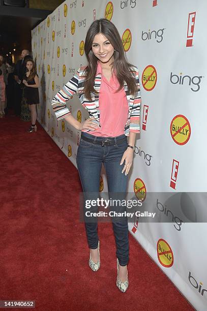 Actress Victoria Justice arrives at the Los Angeles Premiere of "Bully" at Mann Chinese 6 on March 26, 2012 in Los Angeles, California.