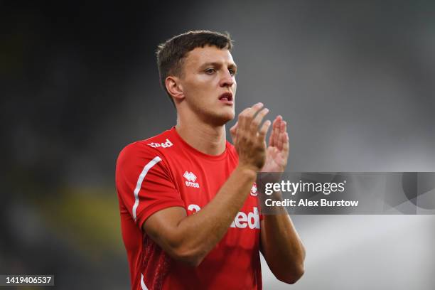 Dael Fry of Middlesbrough acknowledges the fans prior to the Sky Bet Championship between Watford and Middlesbrough at Vicarage Road on August 30,...