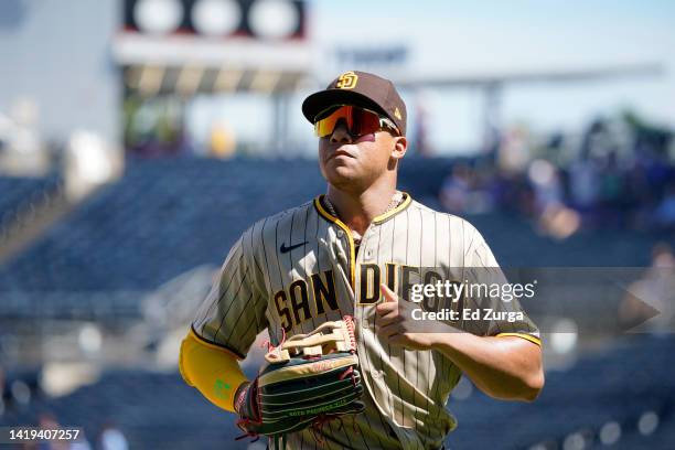 Juan Soto of the San Diego Padres in action against the Kansas City Royals in the at Kauffman Stadium on August 28, 2022 in Kansas City, Missouri.