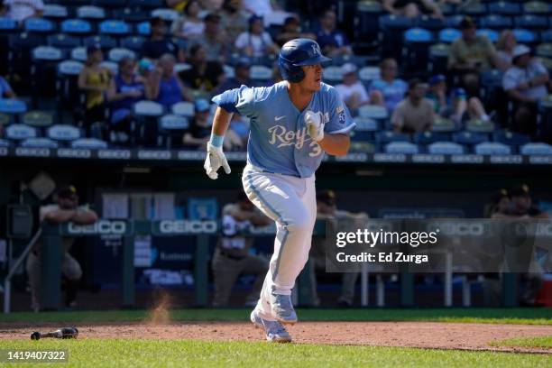 Nick Pratto of the Kansas City Royals hits against the San Diego Padres in the fourth inning at Kauffman Stadium on August 28, 2022 in Kansas City,...