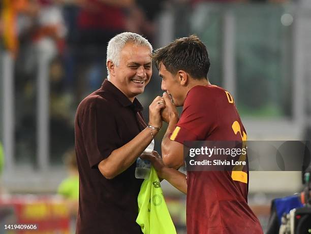 Paulo Dybala of AS Roma greets Jose Mourinho head coach of AS Roma and kisses his hand during the Serie A match between AS Roma and AC Monza at...