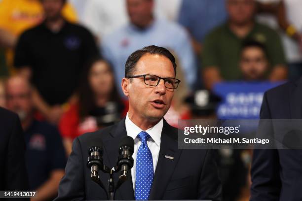 Pennsylvania Attorney General and gubernatorial candidate Josh Shapiro speaks before President Joe Biden takes the stage to speak on his Safer...