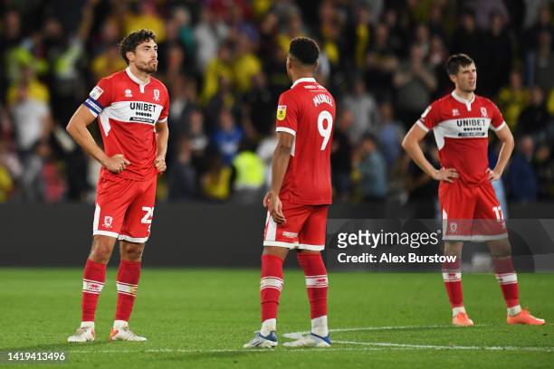 Matt Crooks of Middlesbrough looks dejected after Vakoun Issouf Bayo of Watford scores their side's second goal during the Sky Bet Championship...
