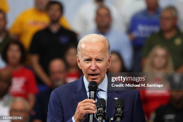 President Joe Biden speaks on his Safer America Plan at the Marts Center on August 30, 2022 in Wilkes-Barre, Pennsylvania. President Biden visited...