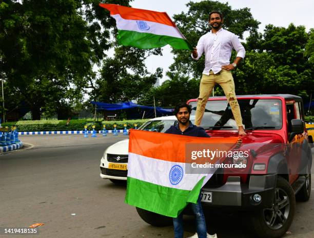 indians celebrate independence day, kolkata, india - bengali flag stock pictures, royalty-free photos & images