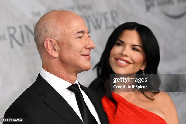 Jeff Bezos, Founder and Executive Chairman Lauren Sánchez attend 'The Lord of the Rings: The Rings of Power" World Premiere at Odeon Luxe Leicester...