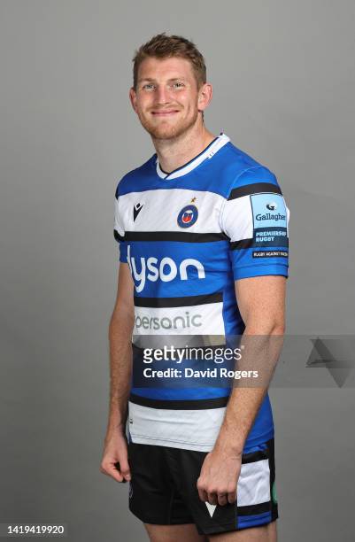 Ruaridh McConnochie of Bath Rugby poses for a portrait during the squad photocall for the 2022-2023 Gallagher Premiership Rugby season at Farleigh...