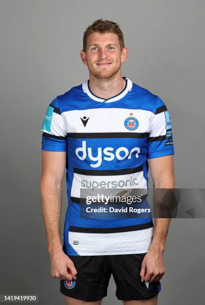 Ruaridh McConnochie of Bath Rugby poses for a portrait during the squad photocall for the 2022-2023 Gallagher Premiership Rugby season at Farleigh...