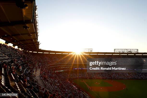 General view of play between the New York Yankees and the Los Angeles Angels at Angel Stadium of Anaheim on August 29, 2022 in Anaheim, California.