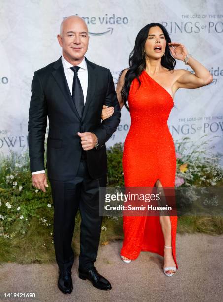 Jeff Bezos and Lauren Sánchez attends "The Lord Of The Rings: The Rings Of Power" World Premiere at Leicester Square on August 30, 2022 in London,...