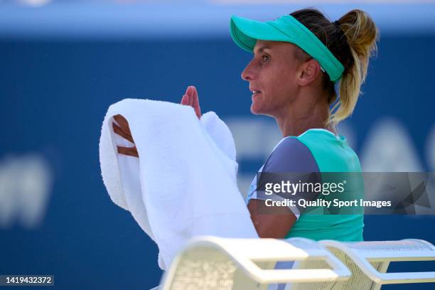 Raine looks on against Paula Badosa of Spain during the Women's Singles First Round on Day Two of the 2022 US Open at USTA Billie Jean King National...