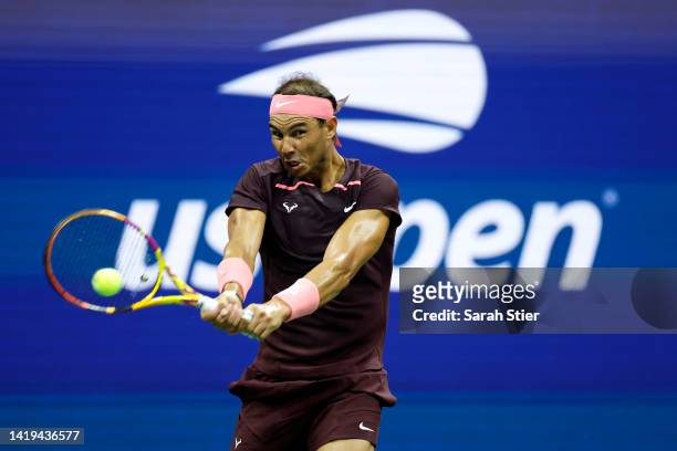 Rafael Nadal of Spain returns a shot against Rinky Hijikata of Australia in their Men's Singles First Round match on Day Two of the 2022 US Open at...