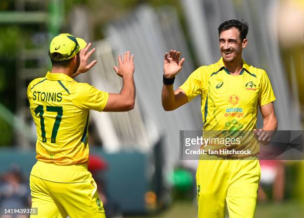 Mitchell Starc of Australia celebrates after taking the wicket of Innocent Kaia of Zimbabwe during game two of the One Day International series...
