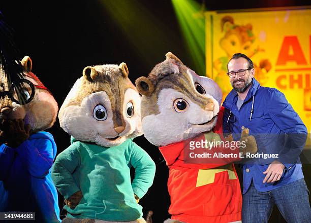 Theodore, Simon, Alvin and actor Jason Lee attend Twentieth Century Fox Home Entertainment's "Alvin and the Chipmunks: Chipwrecked" Blu-ray and DVD...
