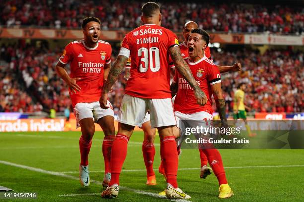 Nicolas Otamendi of SL Benfica celebrates with teammates after scoring a goal during the Liga Portugal Bwin match between SL Benfica and FC Pacos de...