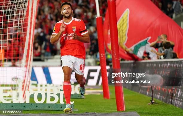 Goncalo Ramos of SL Benfica celebrates after scoring a goal during the Liga Portugal Bwin match between SL Benfica and FC Pacos de Ferreira at...