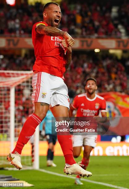 Nicolas Otamendi of SL Benfica celebrates after scoring a goal during the Liga Portugal Bwin match between SL Benfica and FC Pacos de Ferreira at...