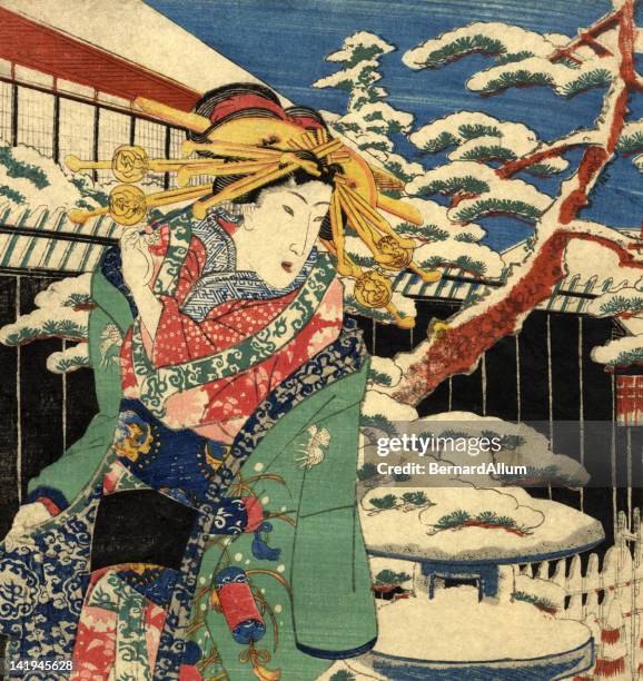 stockillustraties, clipart, cartoons en iconen met traditional japanese woodblock female in the snow - japan snow