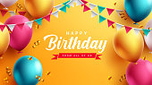 Birthday text vector design. Happy birthday with balloons, confetti and pennants elements