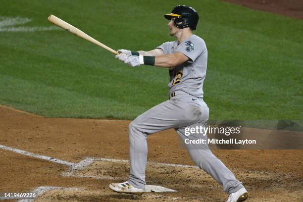 Sean Murphy of the Oakland Athletics hits a grand slam in the fifth inning during a baseball game against the Washington Nationals at Nationals Park...