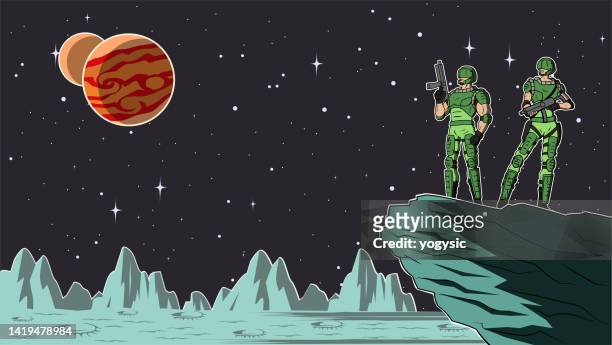 vector sci-fi space soldiers standing on a moon in outer space stock illustration - us marine corps stock illustrations