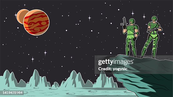 Vector Sci-fi Space Soldiers Standing on a Moon in Outer Space Stock Illustration Vector Sci-fi Space Soldiers Standing on a Moon in Outer Space Stock Illustration