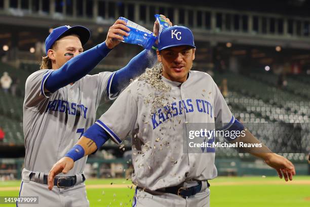 Bobby Witt Jr. #7 of the Kansas City Royals celebrates with Nick Pratto after defeating the Chicago White Sox 9-7 at Guaranteed Rate Field on August...