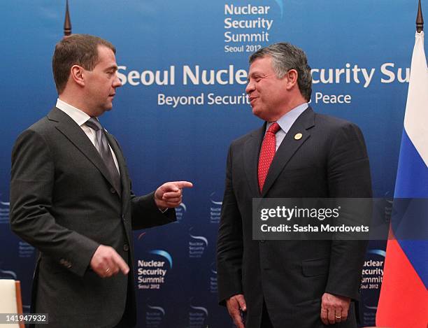 Russian President Dmitry Medvedev is seen during a meeting with King Abdullah II of Jordan during the Seoul Nuclear Summit on March 2012 in Seoul,...