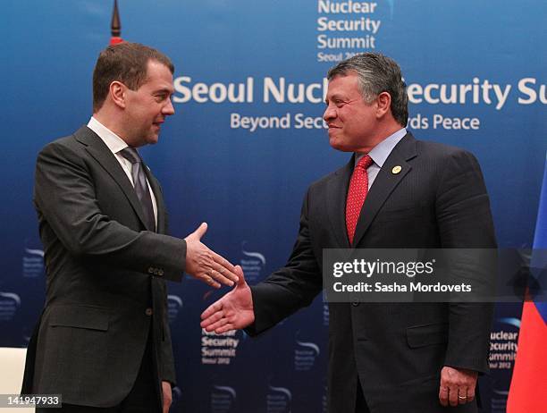 Russian President Dmitry Medvedev is seen during a meeting with King Abdullah II of Jordan during the Seoul Nuclear Summit on March 2012 in Seoul,...