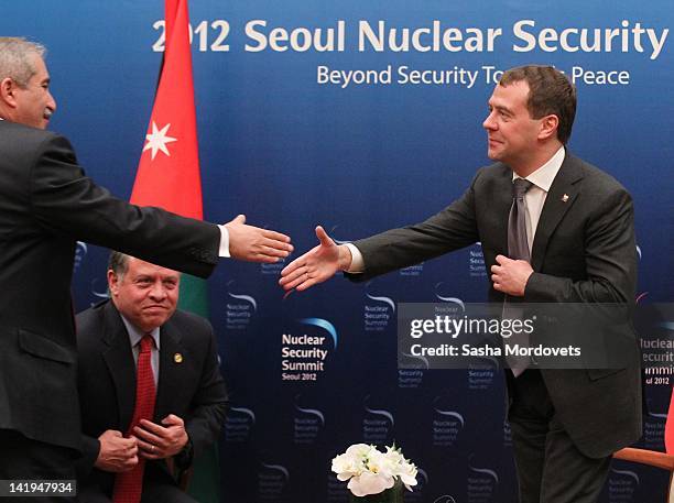 Russian President Dmitry Medvedev is seen during a meeting with King Abdullah II of Jordan during the Seoul Nuclear Summit on March 2012 in Seoul,...
