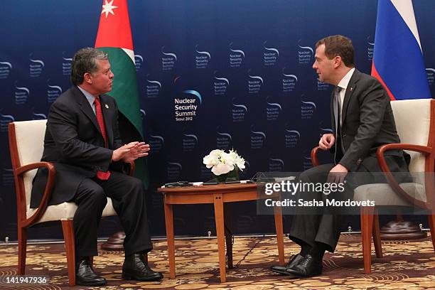 Russian President Dmitry Medvedev is seen during a meeting with King Abdullah II of Jordan during the Seoul Nuclear Summit on March 2012 in Seoul,...