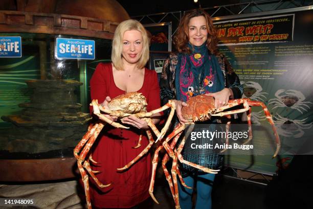 Radio personality Gerlinde Jaenicke and actress Alexandra Kamp welcome the newly arrived Spidercrabs at Aqua Dome & Sealife Berlin on March 27, 2012...