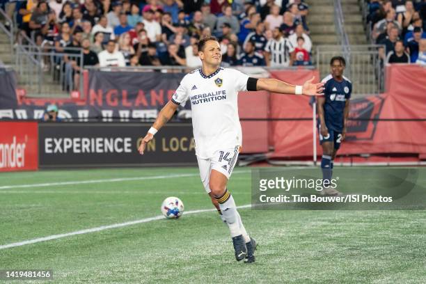 Javier Hernández of LA Galaxy celebrates scoring a goal against New England Revolution during a game between Los Angeles Galaxy and New England...