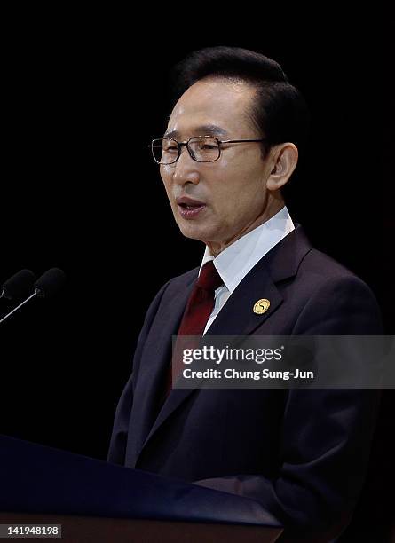 South Korean President Lee Myung-bak speaks during a press conference at the 2012 Seoul Nuclear Security Summit on March 27, 2012 in Seoul, South...