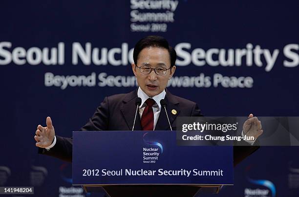 South Korean President Lee Myung-bak speaks during a press conference at the 2012 Seoul Nuclear Security Summit on March 27, 2012 in Seoul, South...